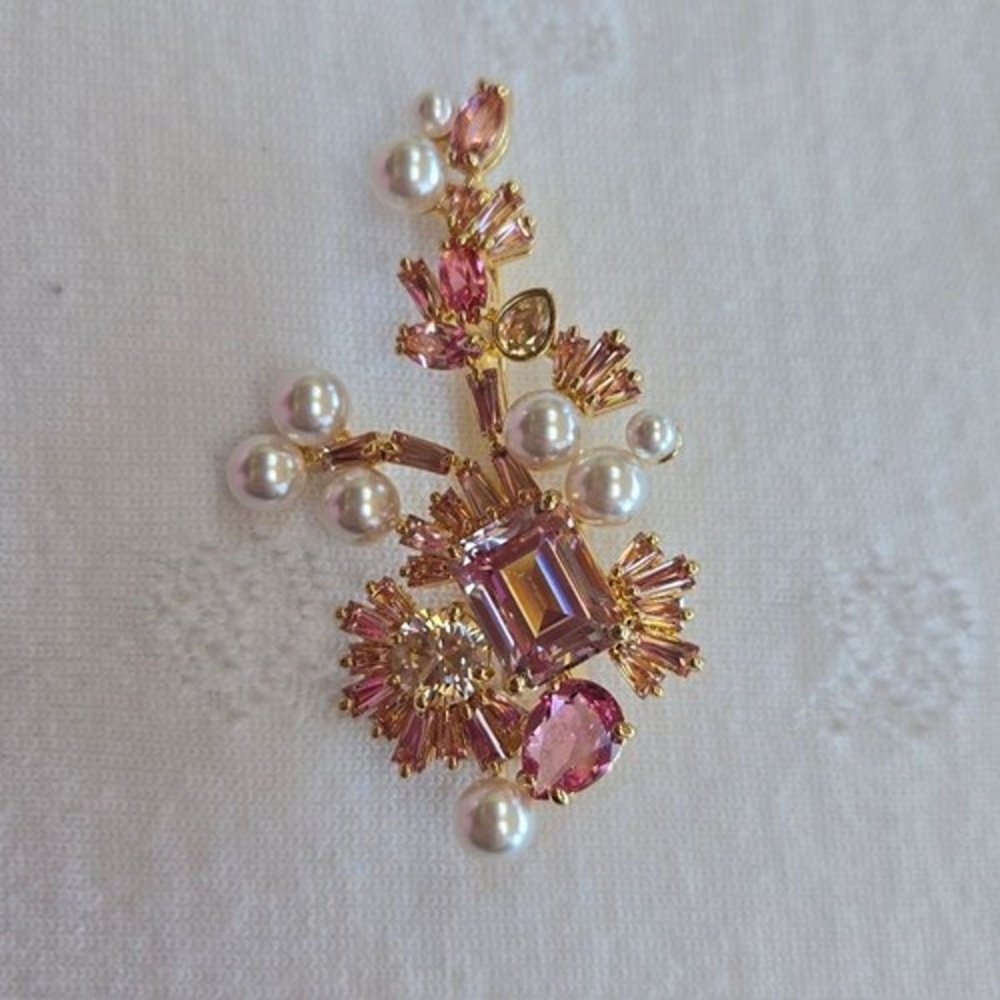 Swarovski Gold-Tone Pink Crystal & Pearl Floral Brooch
